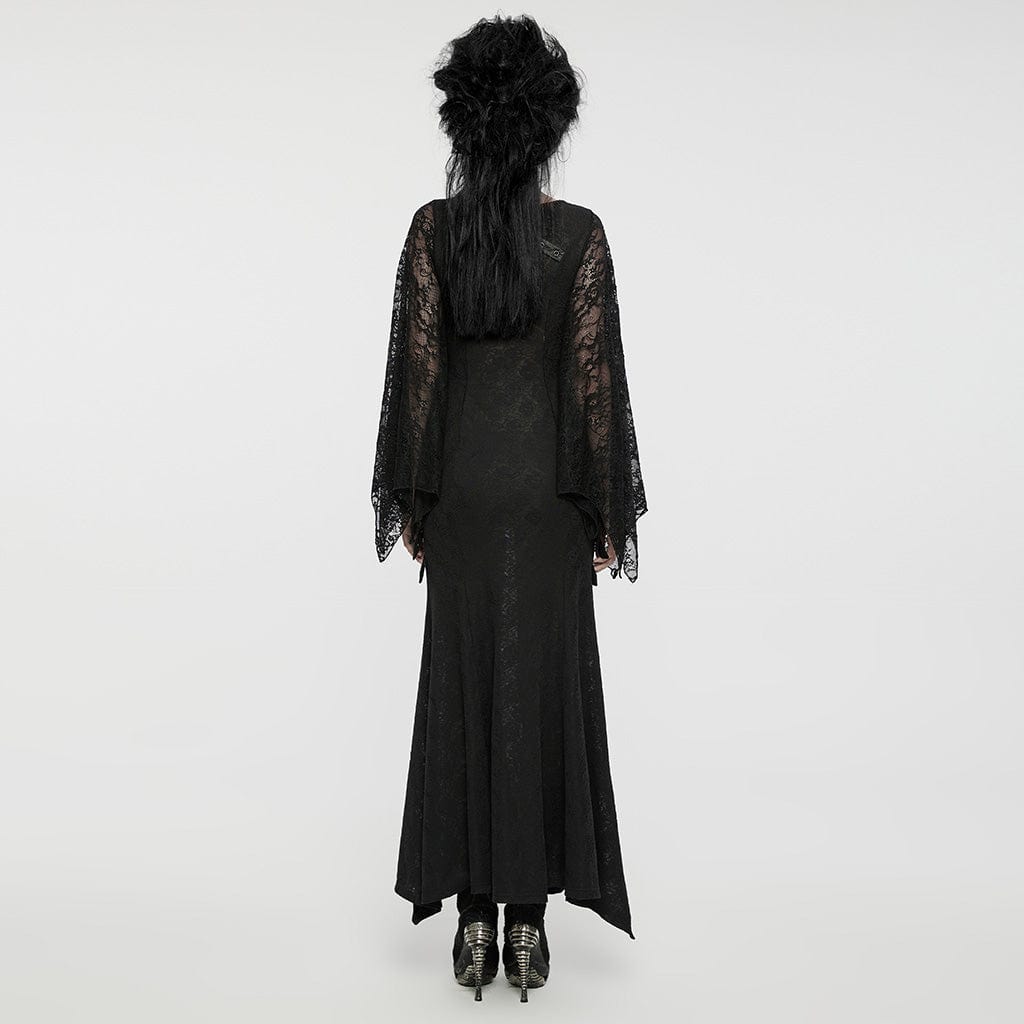 PUNK RAVE Women's Gothic Lace Sleeved Buckle Strap Splice Party Dress