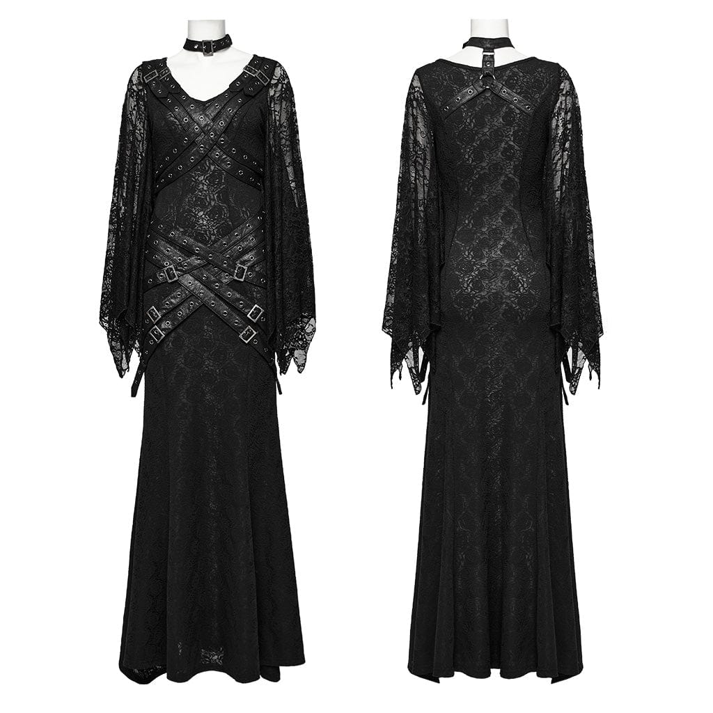 PUNK RAVE Women's Gothic Lace Sleeved Buckle Strap Splice Party Dress