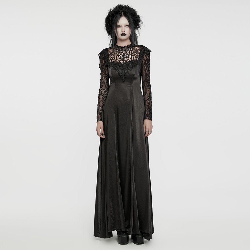 PUNK RAVE Women's Gothic Lace Sleeved Lace-up Ball Gown Dress