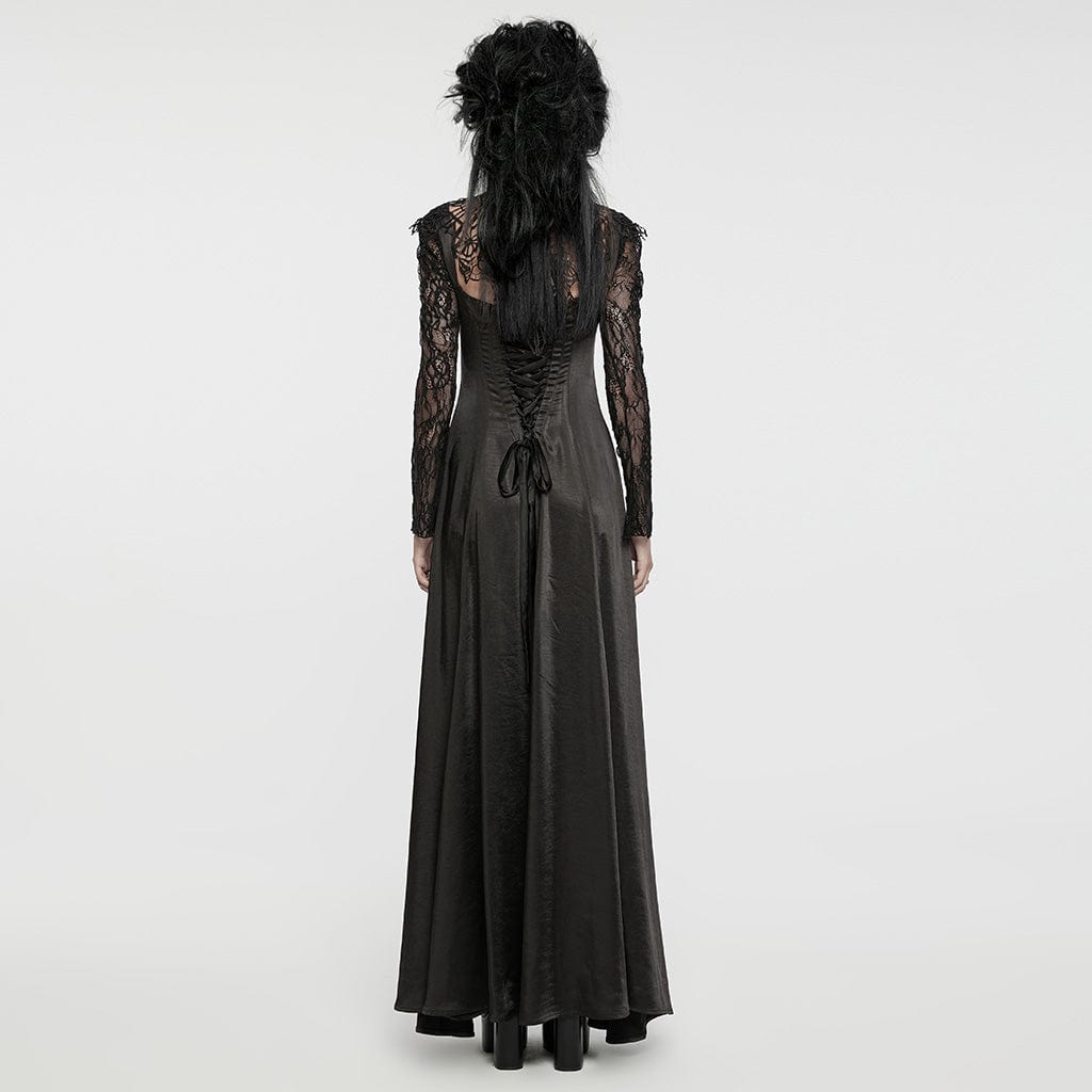 PUNK RAVE Women's Gothic Lace Sleeved Lace-up Ball Gown Dress