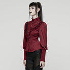 PUNK RAVE Women's Gothic Lace Splice Puff Sleeved Ruffle Shirt Red