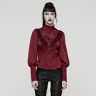 PUNK RAVE Women's Gothic Lace Splice Puff Sleeved Ruffle Shirt Red
