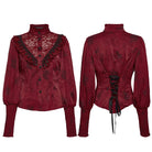 PUNK RAVE Women's Gothic Lace Splice Puff Sleeved Ruffle Shirt Red