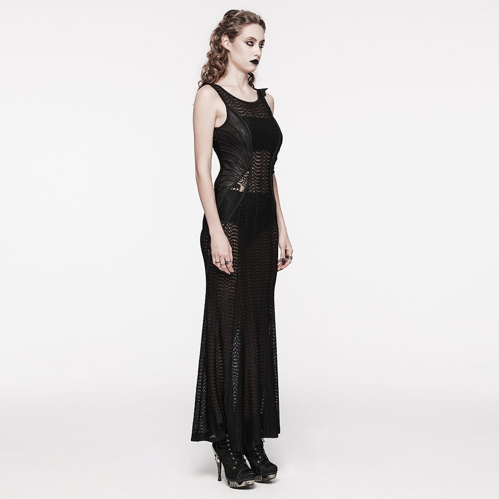 PUNK RAVE Women's Gothic Lace Splice Sheer Fishtail Dress