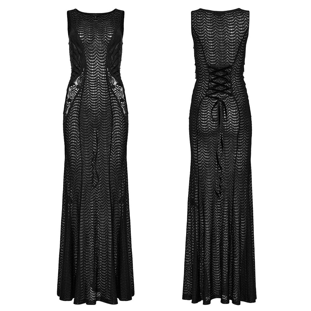 PUNK RAVE Women's Gothic Lace Splice Sheer Fishtail Dress