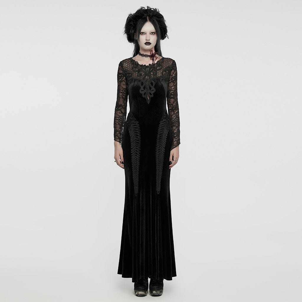 PUNK RAVE Women's Gothic Lace Splice Velvet Fishtailed Prom Dress Black