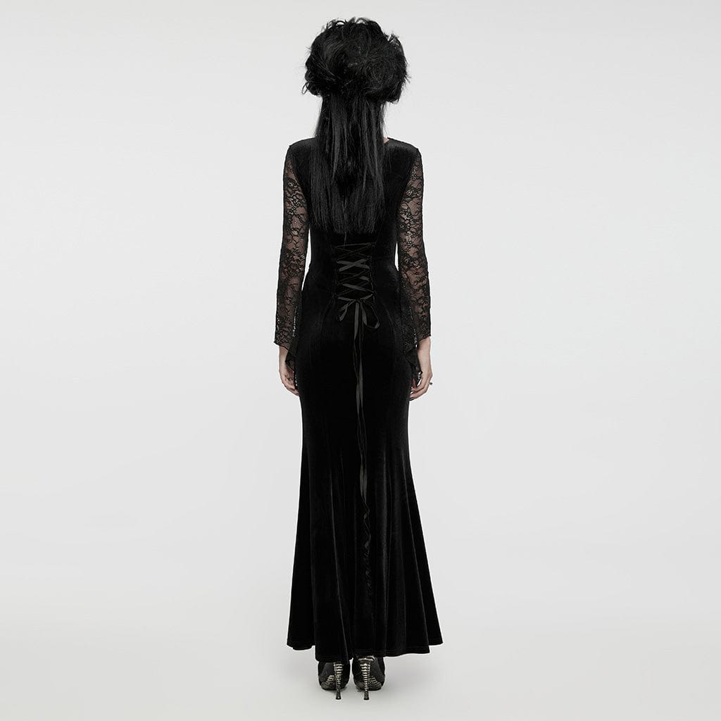 PUNK RAVE Women's Gothic Lace Splice Velvet Fishtailed Prom Dress Black