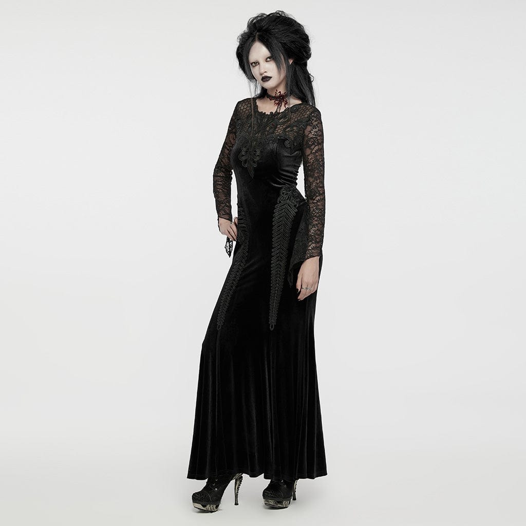 PUNK RAVE Women's Gothic Lace Splice Velvet Fishtailed Prom Dress Black