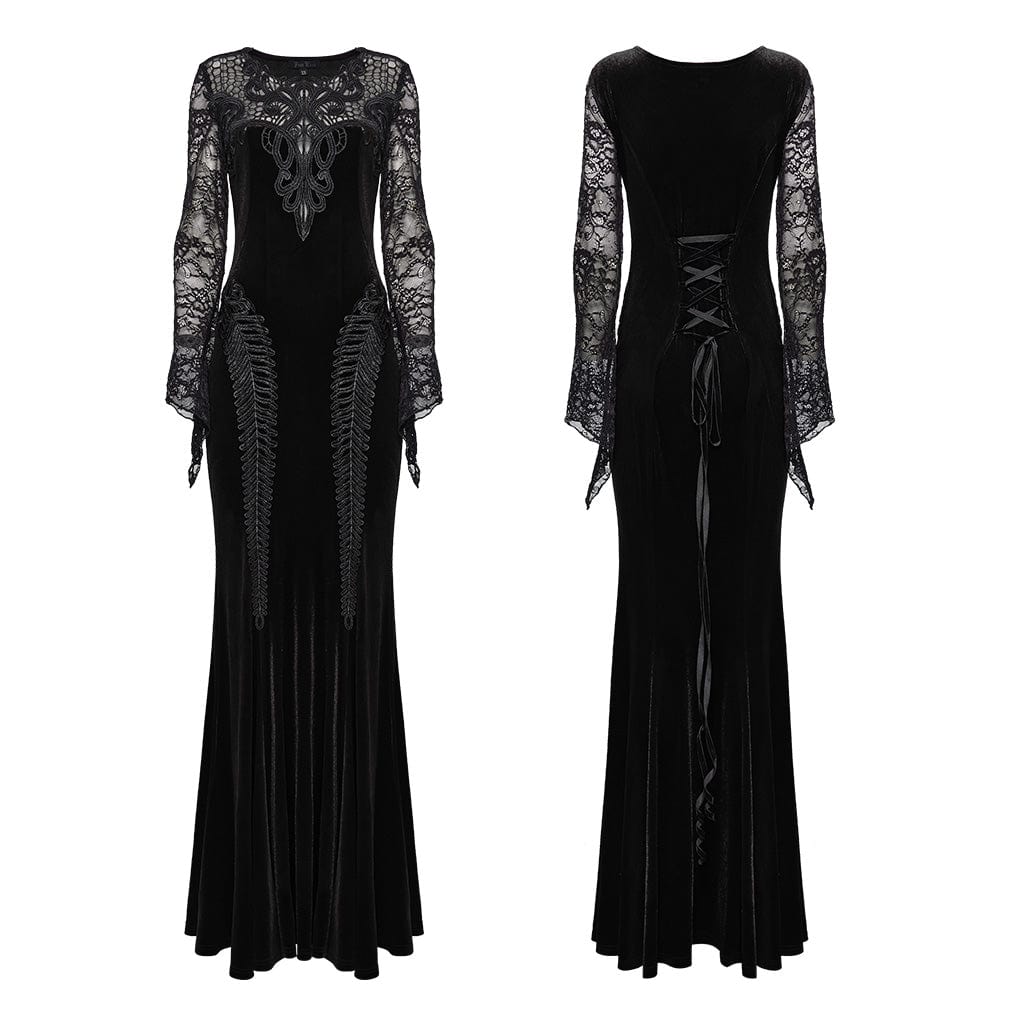 PUNK RAVE Women's Gothic Lace Splice Velvet Fishtailed Prom Dress Black