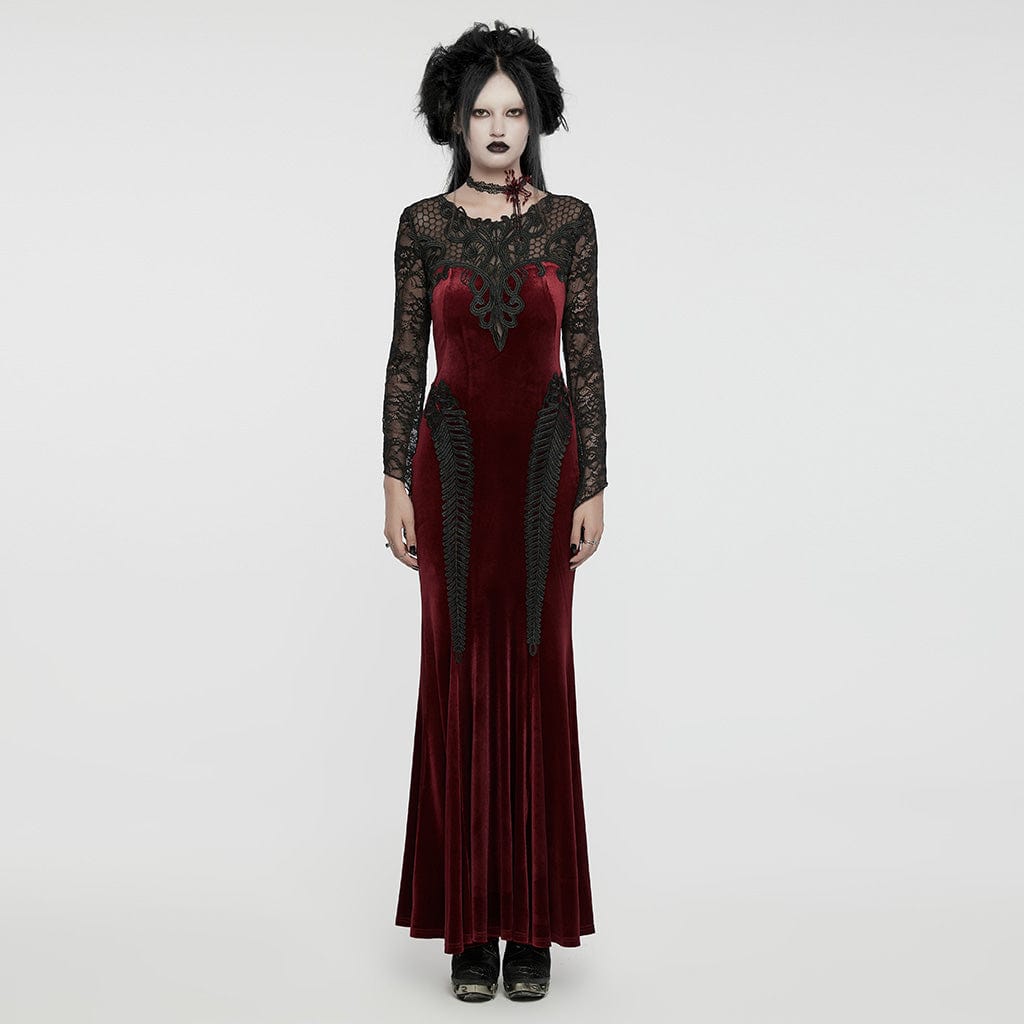 PUNK RAVE Women's Gothic Lace Splice Velvet Fishtailed Prom Dress Red