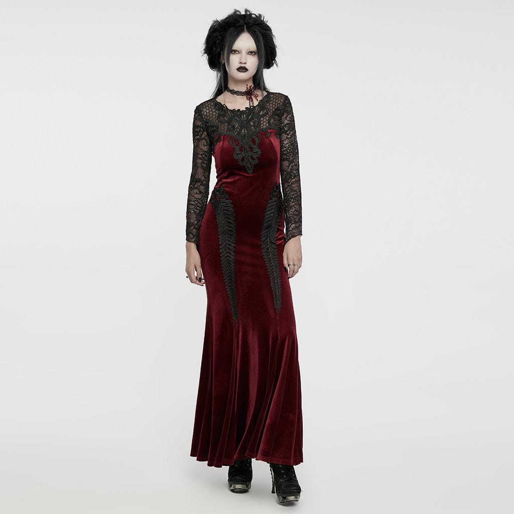 PUNK RAVE Women's Gothic Lace Splice Velvet Fishtailed Prom Dress Red