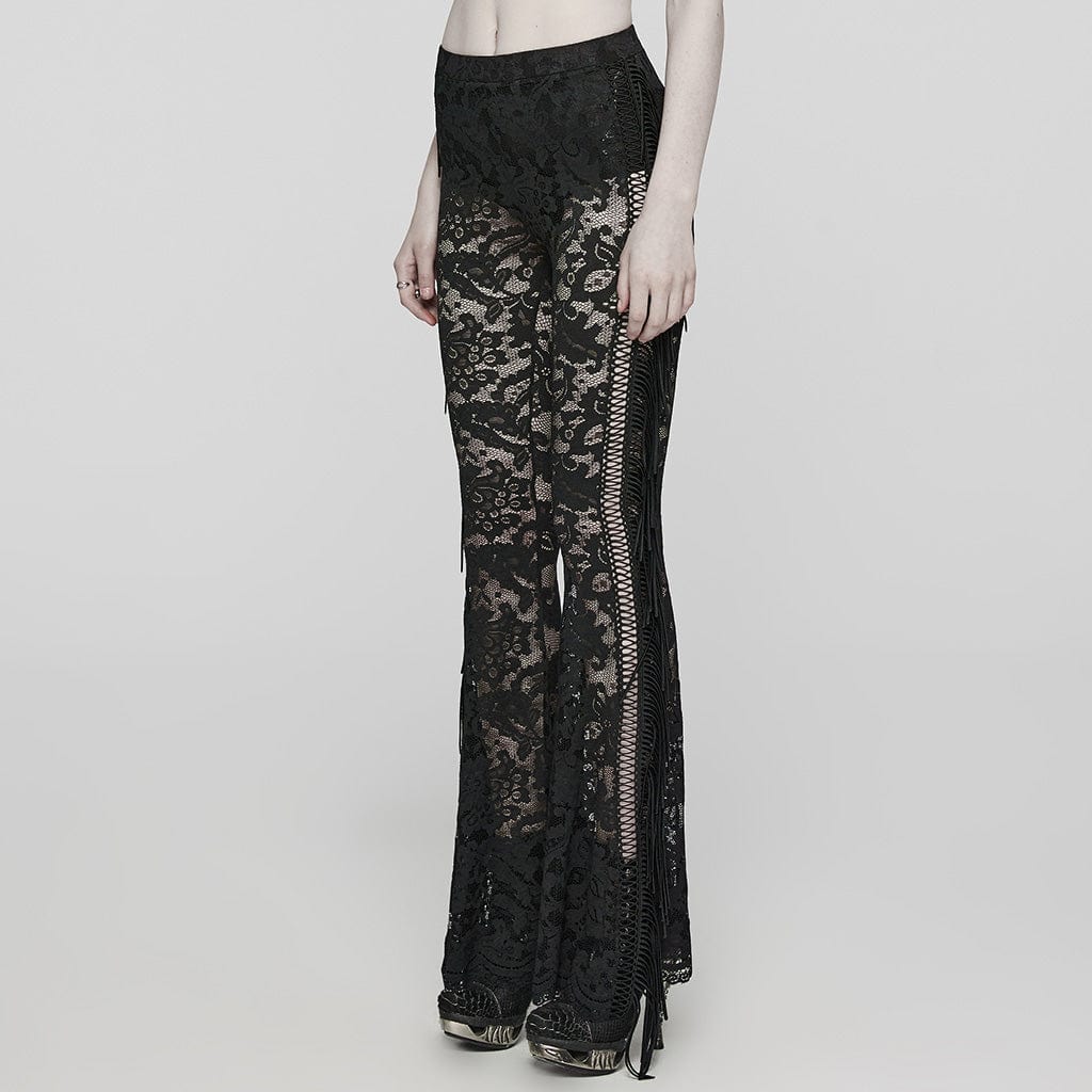 PUNK RAVE Women's Gothic Lace Tassels Flared Pants Black