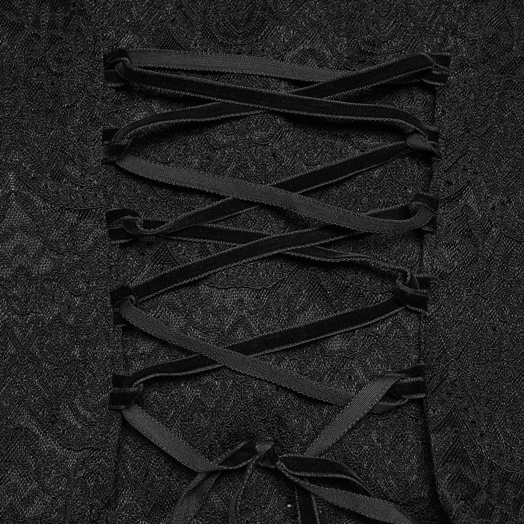 PUNK RAVE Women's Gothic Lace Turn-down Collar Puff Short Sleeved Shirt