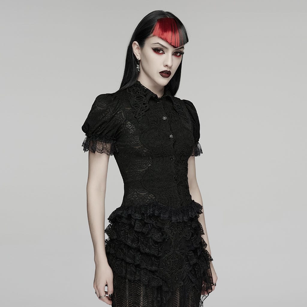 PUNK RAVE Women's Gothic Lace Turn-down Collar Puff Short Sleeved Shirt