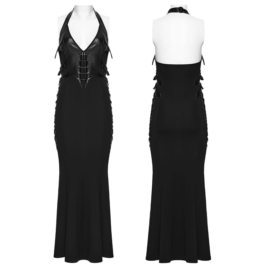 PUNK RAVE Women's Gothic Lace-up Buckle Strap Halter Maxi Dress