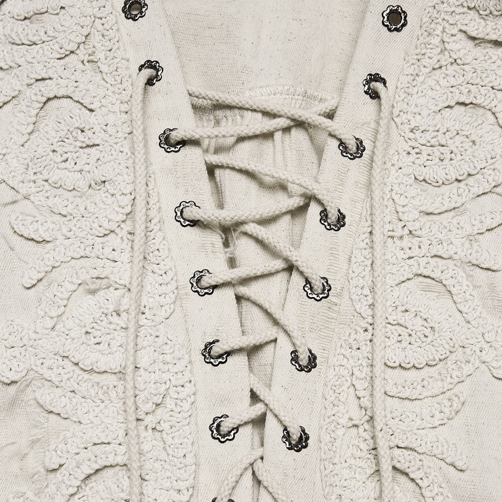 PUNK RAVE Women's Gothic Lace-up Distressed Collared Long Sleeve Shirt White