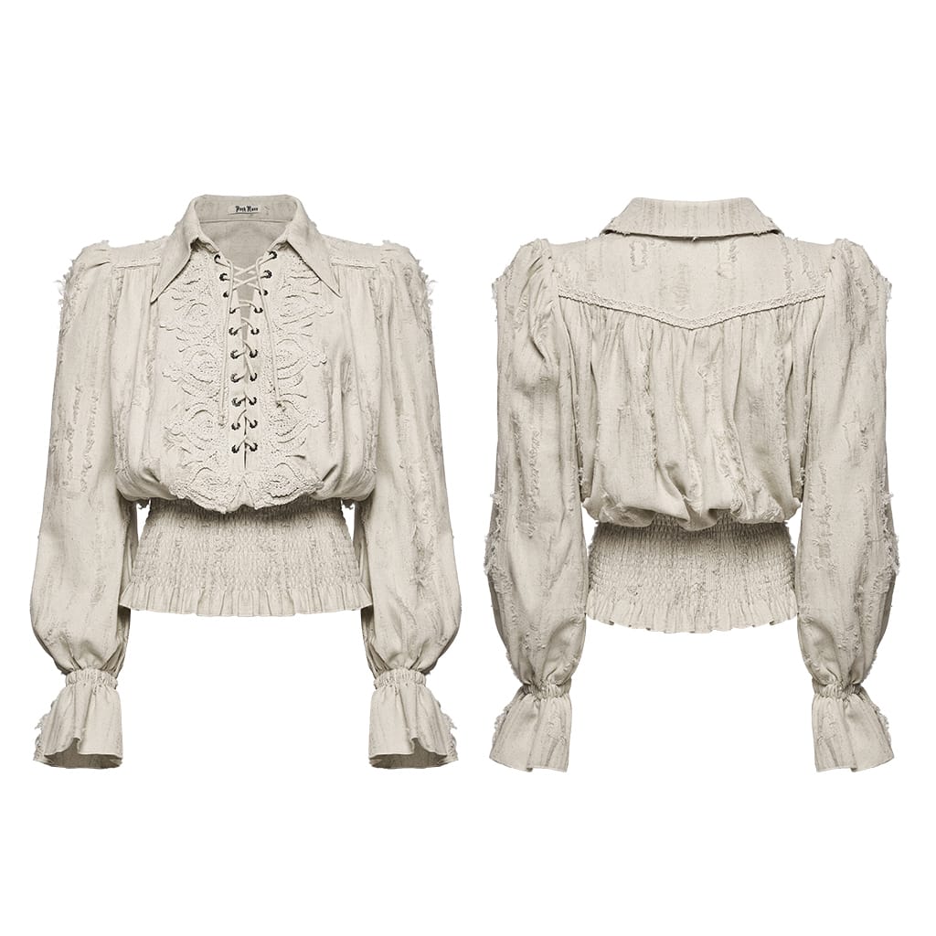 PUNK RAVE Women's Gothic Lace-up Distressed Collared Long Sleeve Shirt White