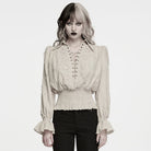 PUNK RAVE Women's Gothic Lace-up Distressed Collared Long Sleeve Shirt White