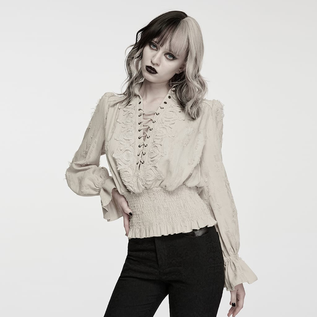 PUNK RAVE Women's Gothic Lace-up Distressed Collared Long Sleeve Shirt White