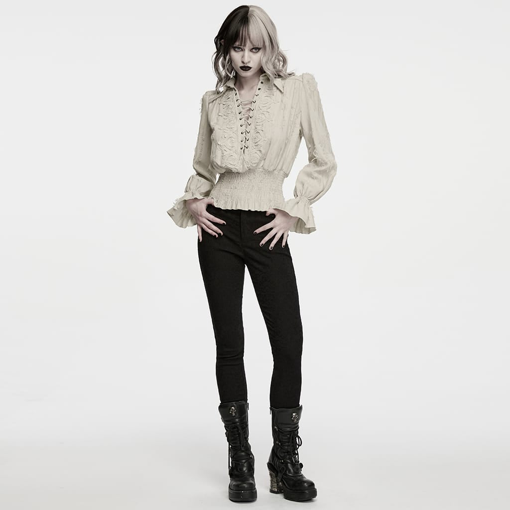 PUNK RAVE Women's Gothic Lace-up Distressed Collared Long Sleeve Shirt White