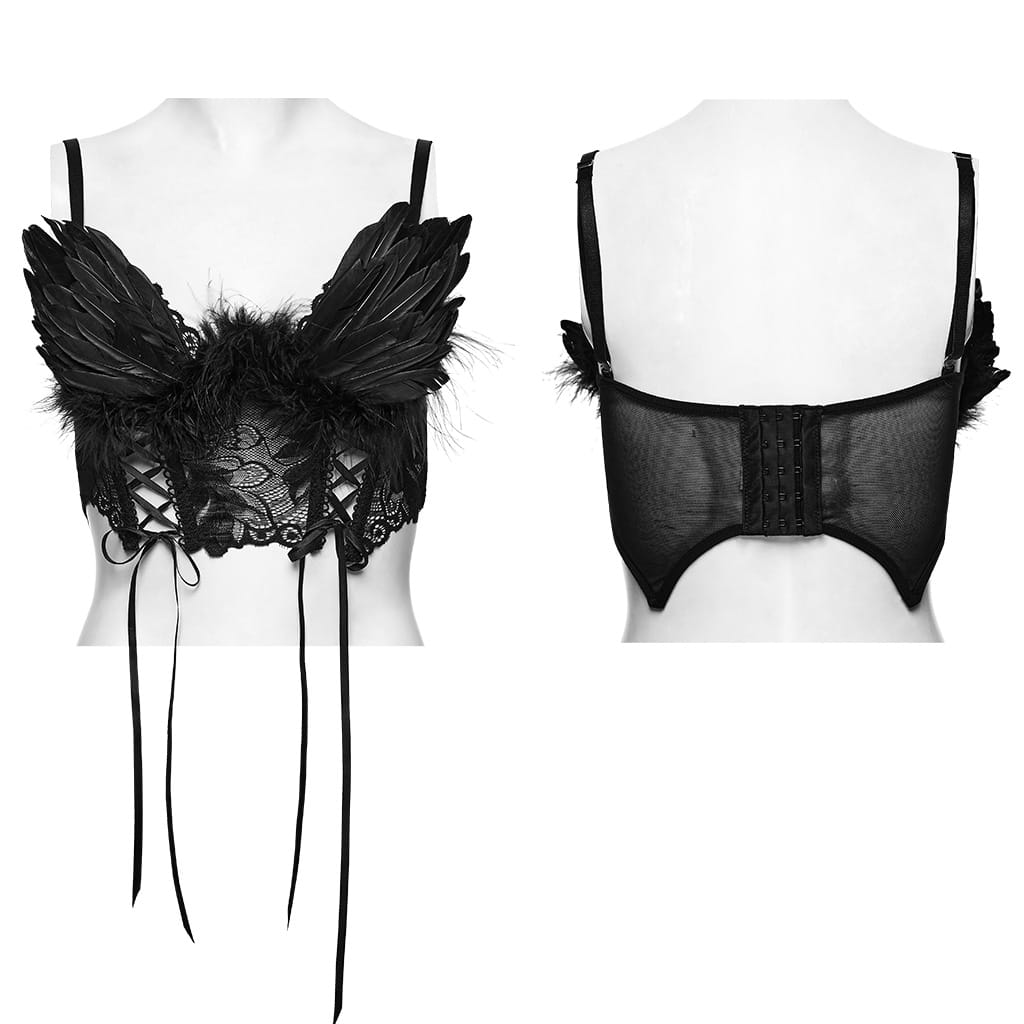 PUNK RAVE Women's Gothic Lace-up Feather Mesh Bustier