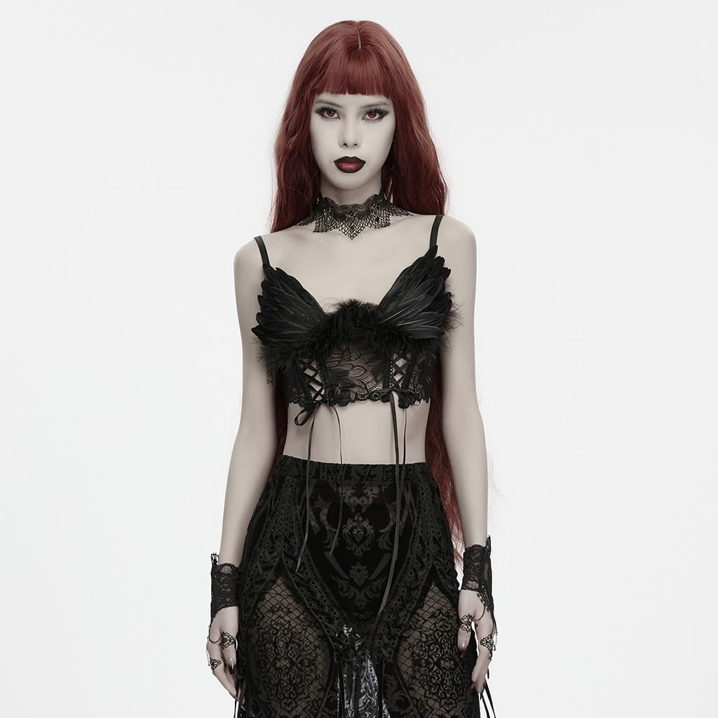 PUNK RAVE Women's Gothic Lace-up Feather Mesh Bustier