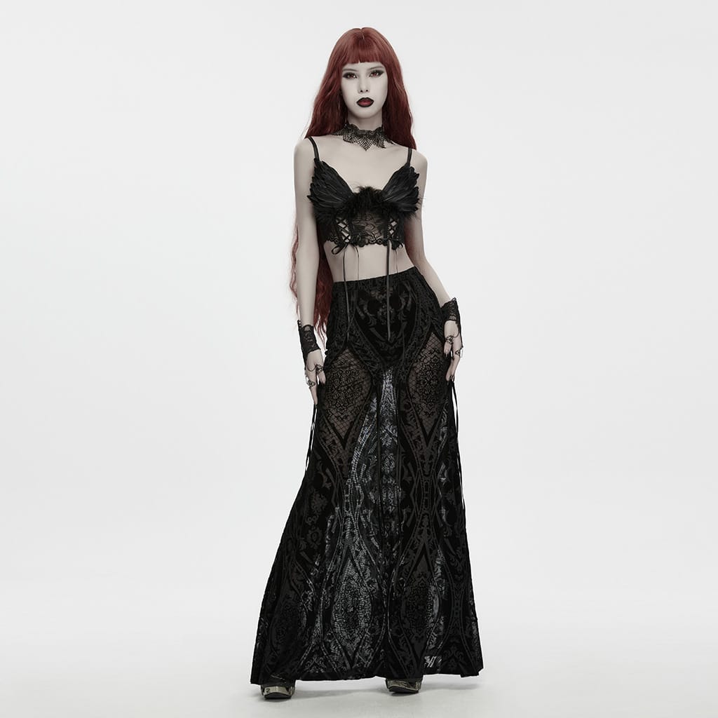 PUNK RAVE Women's Gothic Lace-up Feather Mesh Bustier