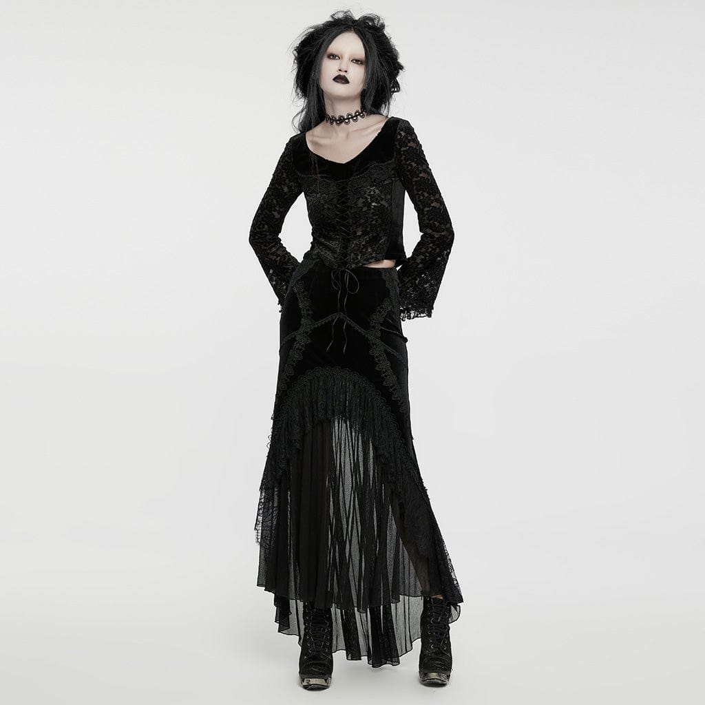 PUNK RAVE Women's Gothic Lace-up Flocking Mesh Splice Velvet Shirt