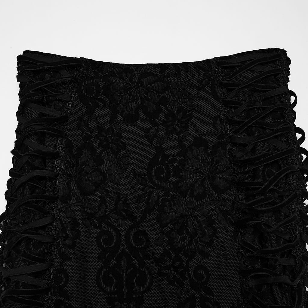 PUNK RAVE Women's Gothic Lace-up Floral  Midi Skirt