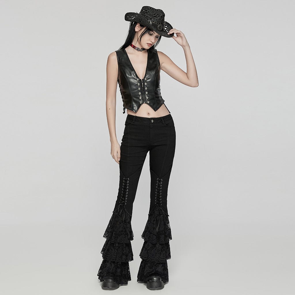 PUNK RAVE Women's Gothic Lace-up Layered Flared Pants