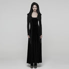 PUNK RAVE Women's Gothic Lace-up Pleated Flared Sleeved Hooded Dress Black