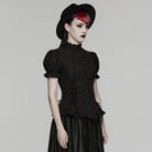 PUNK RAVE Women's Gothic Lace-up Puff Short Sleeved Shirt Black