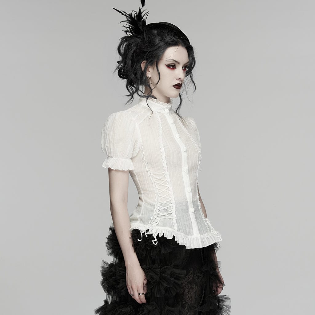 PUNK RAVE Women's Gothic Lace-up Puff Short Sleeved Shirt White
