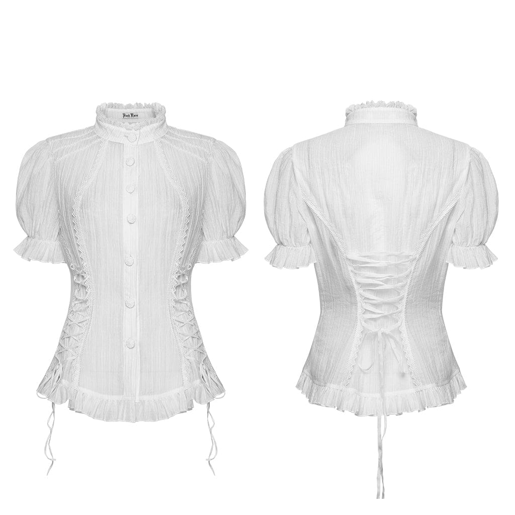 PUNK RAVE Women's Gothic Lace-up Puff Short Sleeved Shirt White