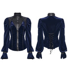 PUNK RAVE Women's Gothic Lace-up Puff Sleeved Top Blue