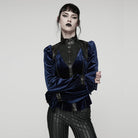 PUNK RAVE Women's Gothic Lace-up Puff Sleeved Top Blue