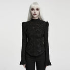 PUNK RAVE Women's Gothic Lace-up Ruffle Jacquard Long Sleeve Shirt