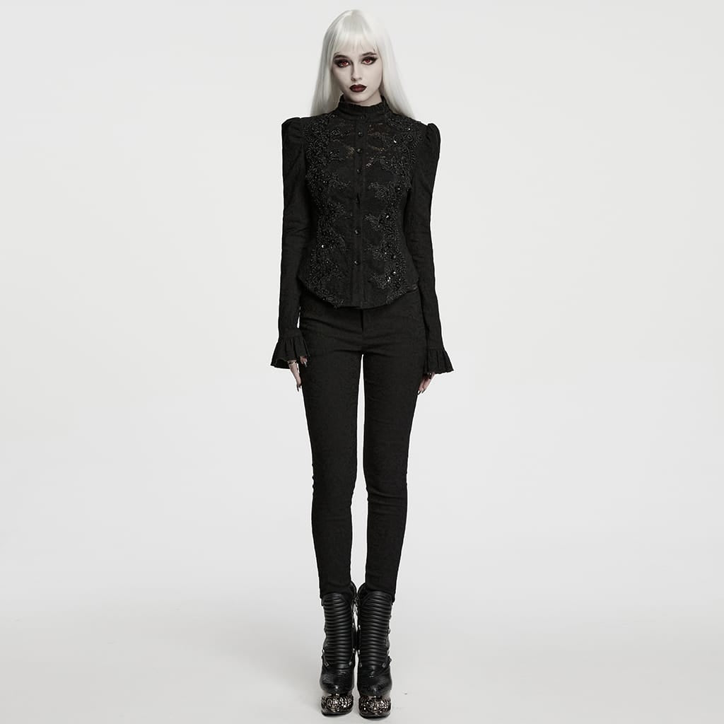 PUNK RAVE Women's Gothic Lace-up Ruffle Jacquard Long Sleeve Shirt