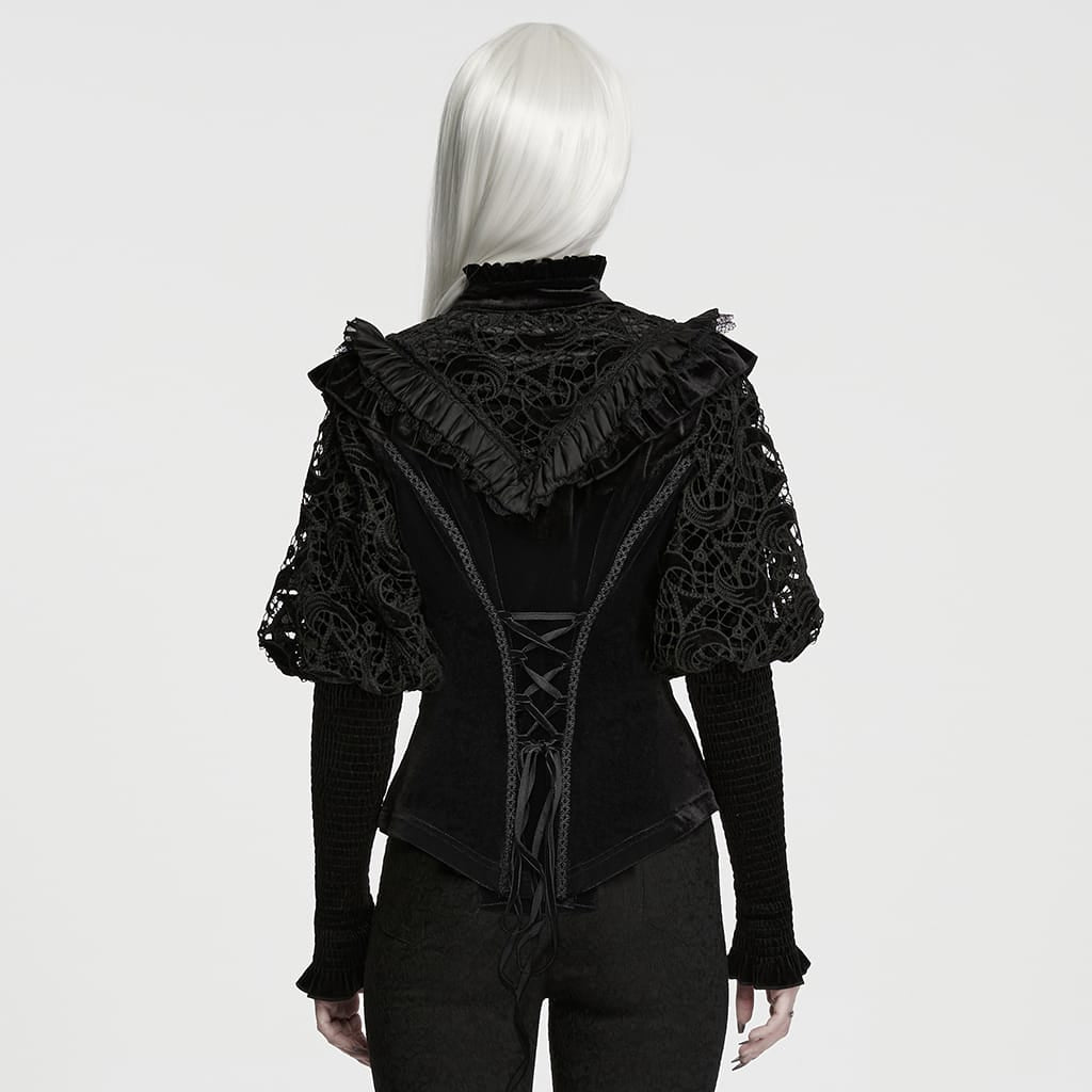PUNK RAVE Women's Gothic Lace-up Ruffle Trim Long Sleeve Shirt