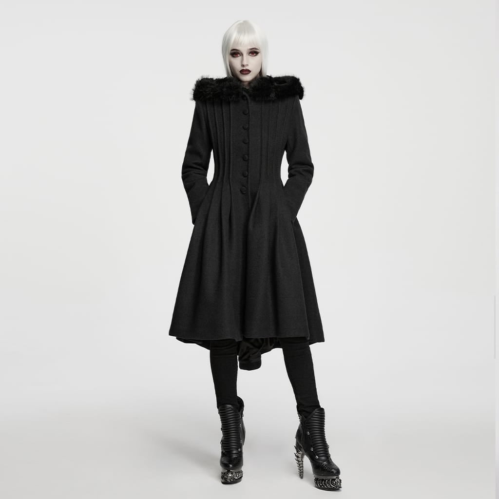 PUNK RAVE Women's Gothic Lace-up Single-breasted Hooded Coat Black