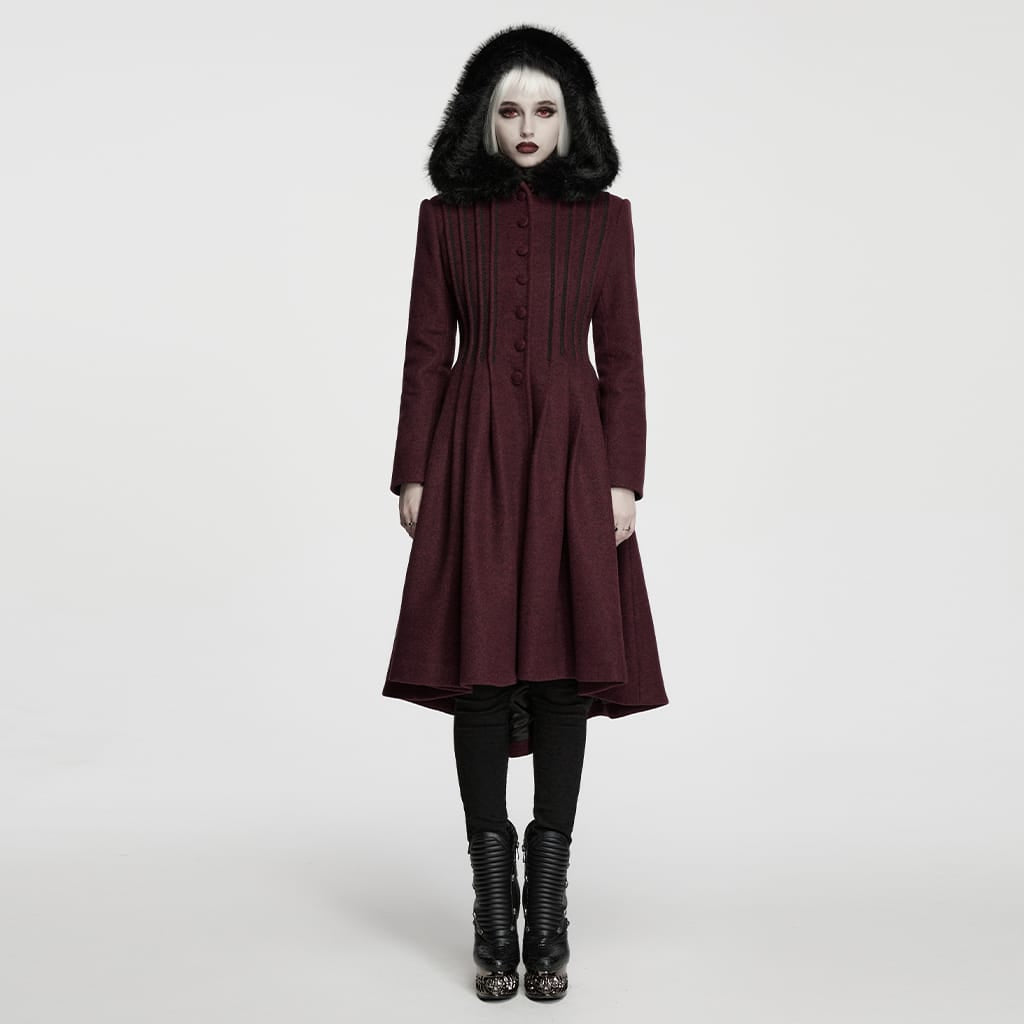 PUNK RAVE Women's Gothic Lace-up Single-breasted Hooded Coat Red