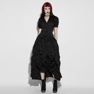 PUNK RAVE Women's Gothic Lace-up Striped Plunging Short Sleeved Shirt Black