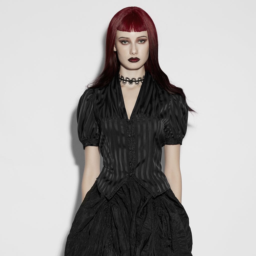 PUNK RAVE Women's Gothic Lace-up Striped Plunging Short Sleeved Shirt Black