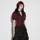 PUNK RAVE Women's Gothic Lace-up Striped Plunging Short Sleeved Shirt Red