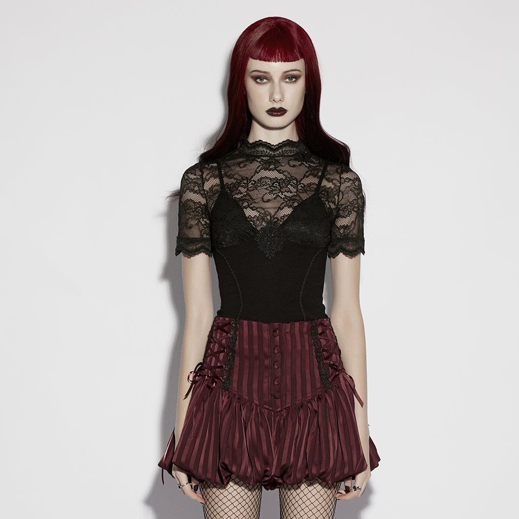 PUNK RAVE Women's Gothic Lace-up Striped Pumpkin Shorts Red