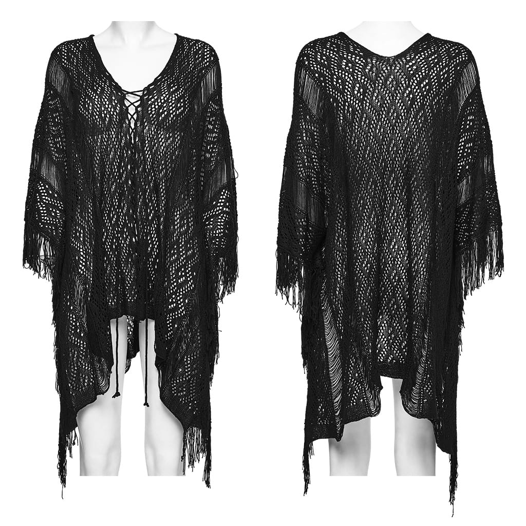 PUNK RAVE Women's Gothic Lace-up Tassel Sweater