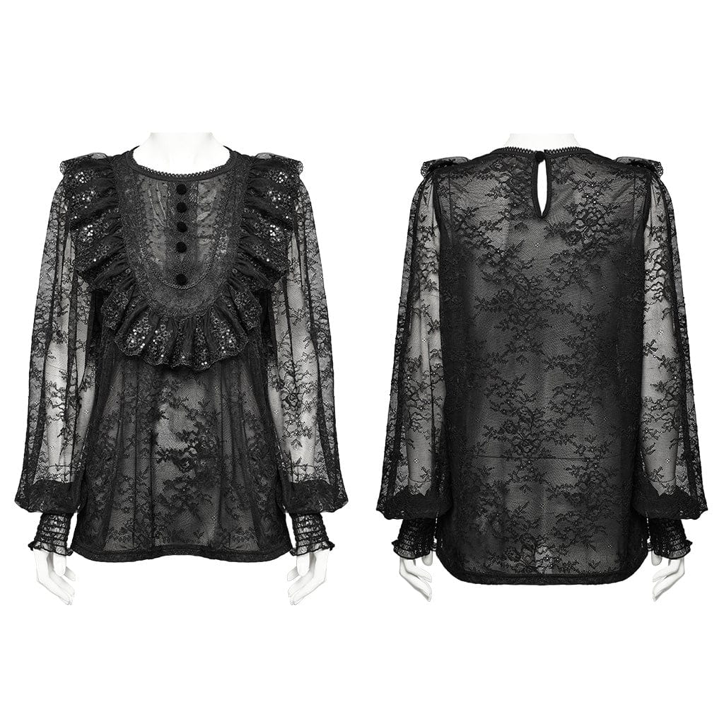 PUNK RAVE Women's Gothic Lantern Sleeved Ruffled Lace Shirt