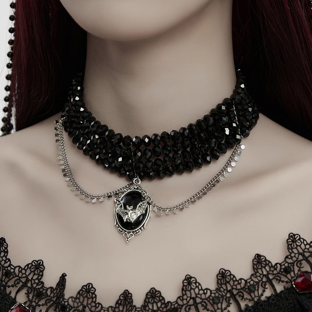 PUNK RAVE Women's Gothic Layered Beaded Bat Choker