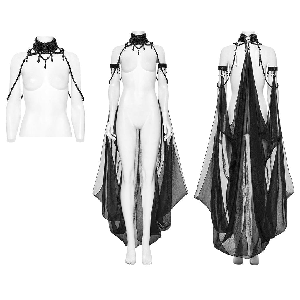 PUNK RAVE Women's Gothic Layered Beaded Detachable Cloak Black