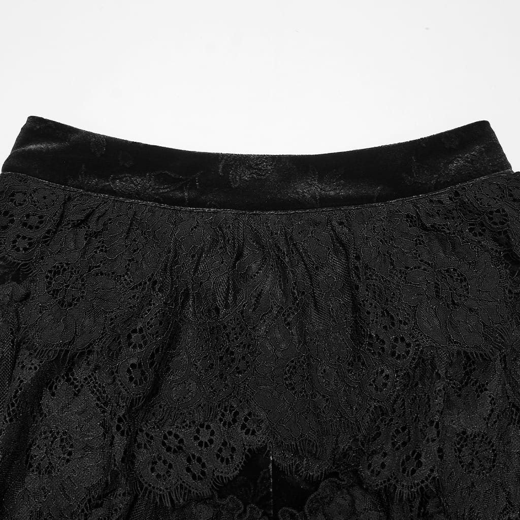 PUNK RAVE Women's Gothic Layered Ruffle Velvet Lace Maxi Skirt